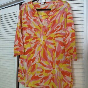 Colorful J. Crew Gauzy Cotton Top with V-Neck and 3/4 Sleeves